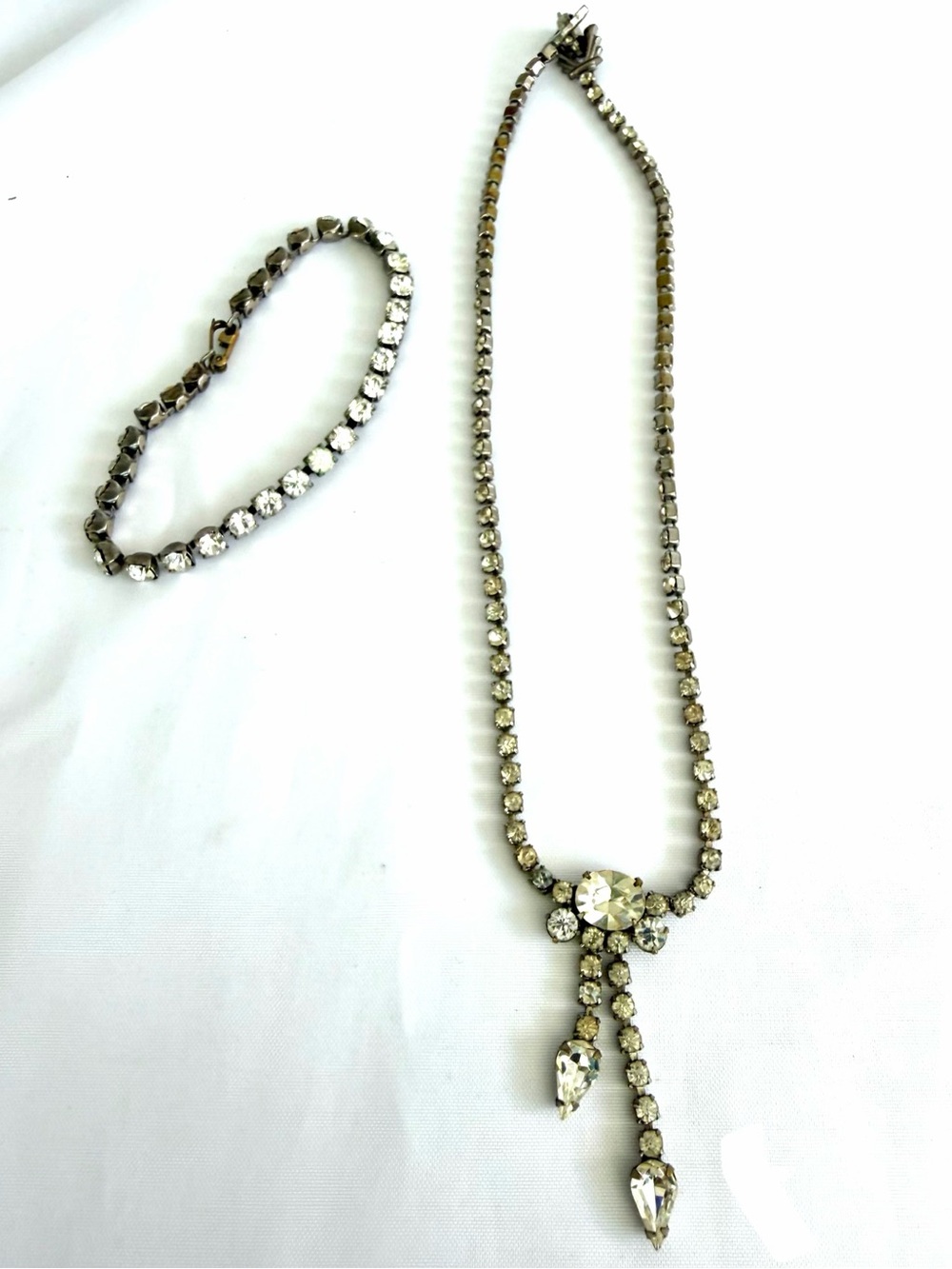 Vintage 1950’s Clear Round Rhinestone Silver Tone Necklace & Bracelet Set